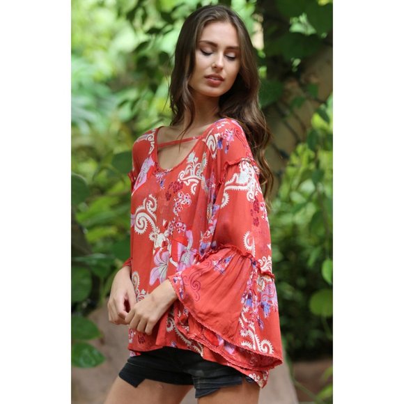Angie Floral Ruffle Seam Bell Sleeve Tunic - Picture 4 of 6